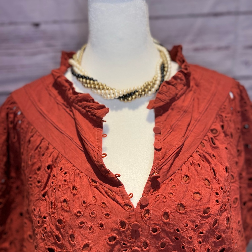 Women’s Eyelet Puff-Sleeve Blouse — Rust - Picture 9 of 10